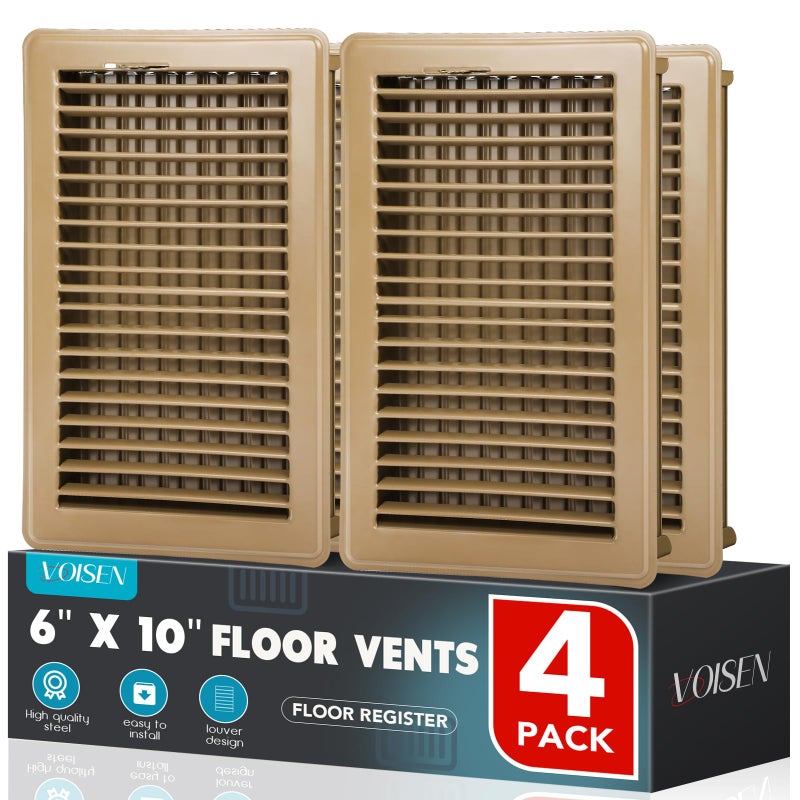 VOISEN Floor Register 6x10، 4 أغطية فتحات تهوية أرضية، شبكة إمداد هواء فولاذية قابلة للتعديل، غطاء فتحة تهوية للجدران الجانبية والأرضيات، أغطية فتحات تهوية لأرضية المنزل، بني - Image 1